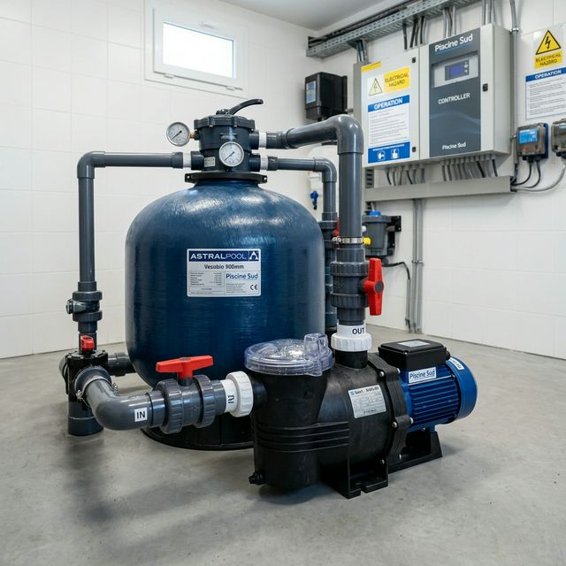 Pompe de filtration piscine installée dans un local technique